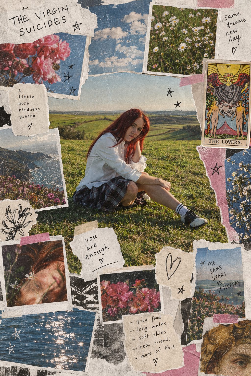 Zine collage of torn photos, notes and a tarot card around mollywater sitting in a field